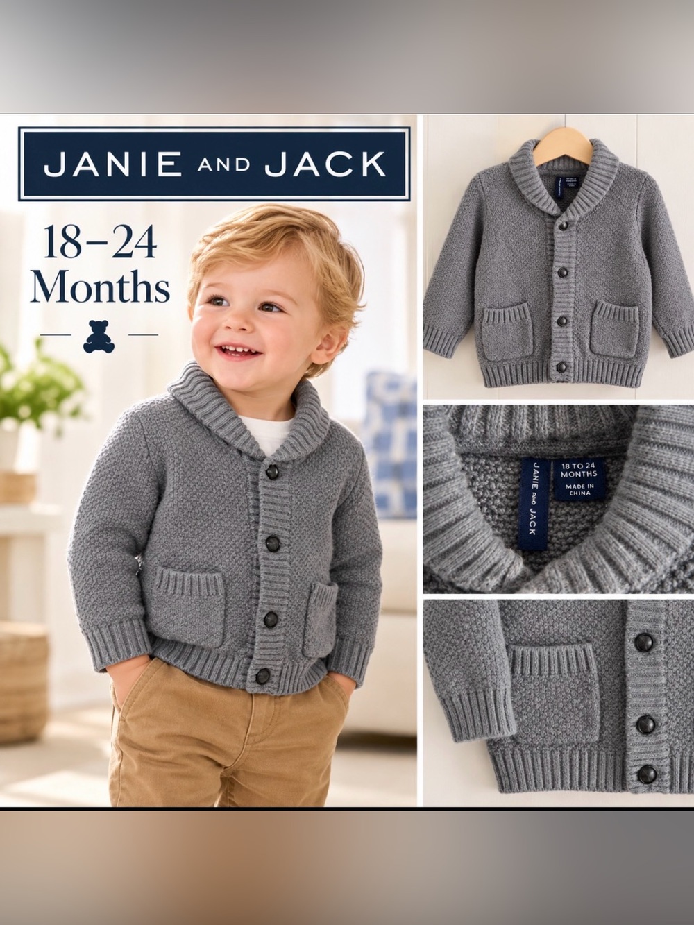 Janie and Jack Boys 18-24M Gray
Shawl Collar Cardigan Sweater.